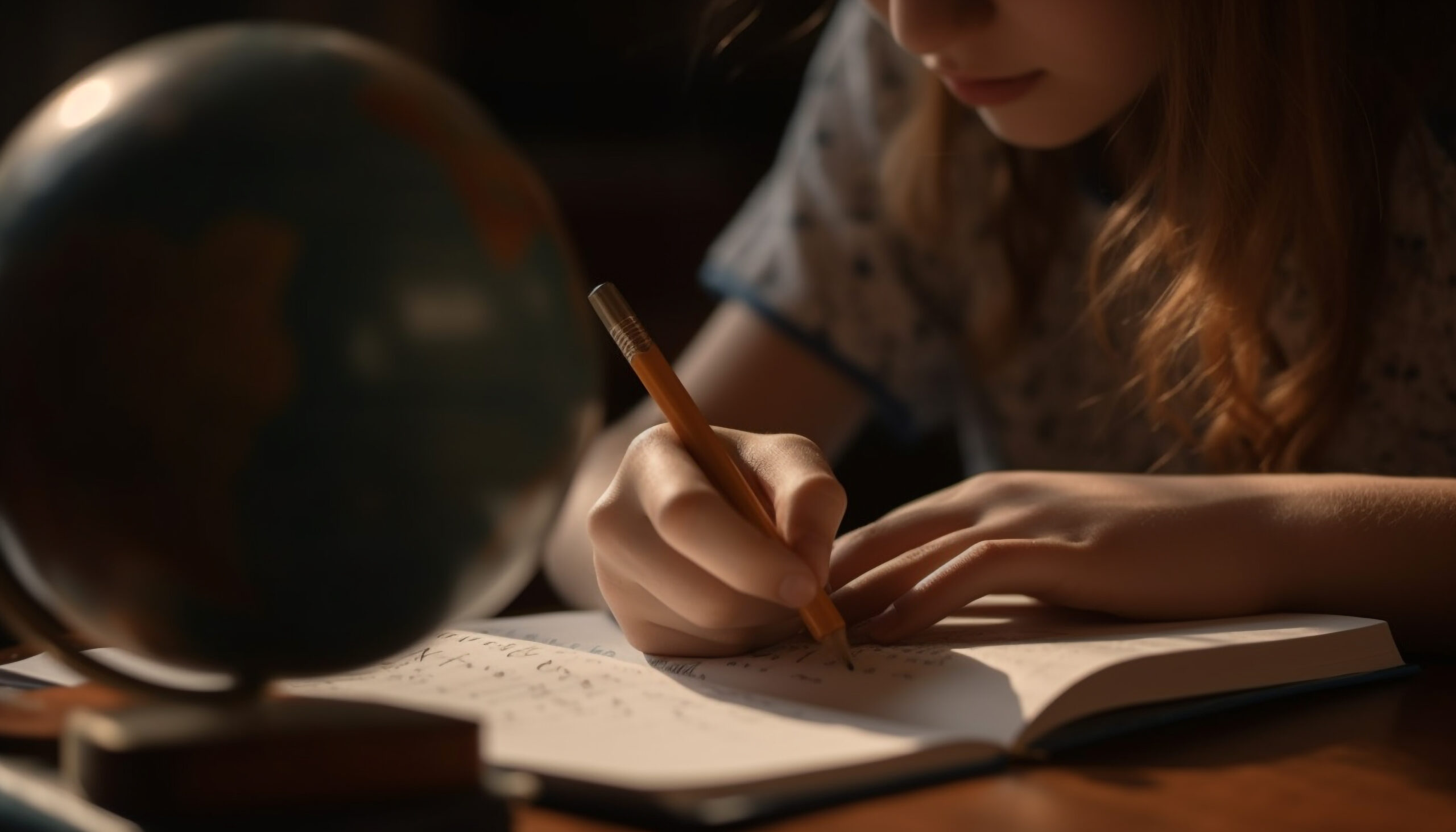 One woman studying at desk, holding pencil generated by AI