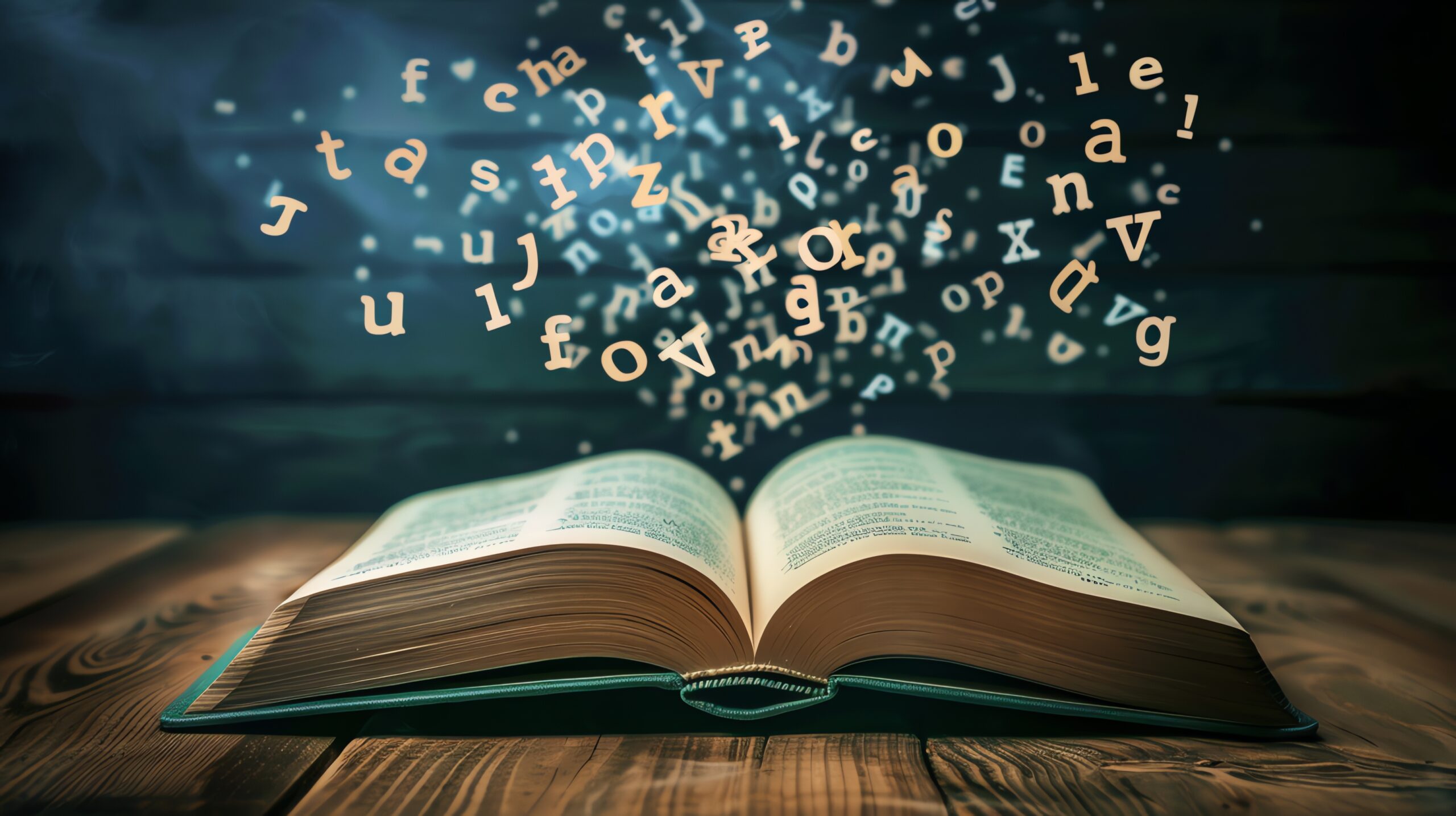 A worn leather-bound book lies open on a wooden table with letters floating up from the pages, suggesting magic and storytelling.